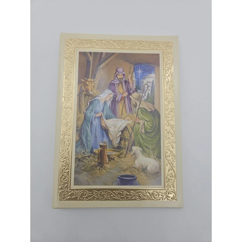 Greeting Merry Christmas Card Nativity Baby Jesus Gold Foil Kmart VTG Bethlehem
